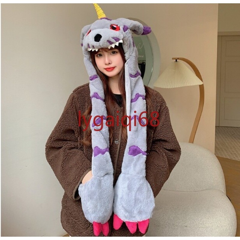 Digimon Adventure Gabumon 毛绒帽子围巾手套一体Scarf Movable Ears Gloves Plush Hat Gift耳朵可动
