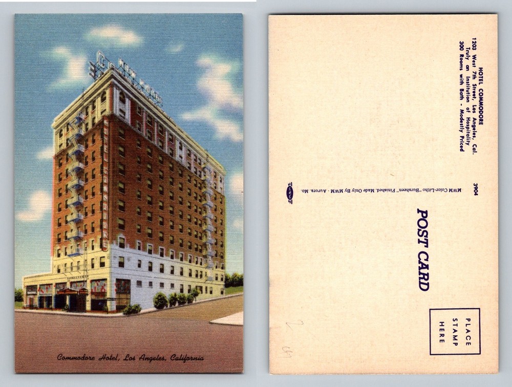 Los Angeles, CA-California, Hotel Commodore Street View Vintage Postcard