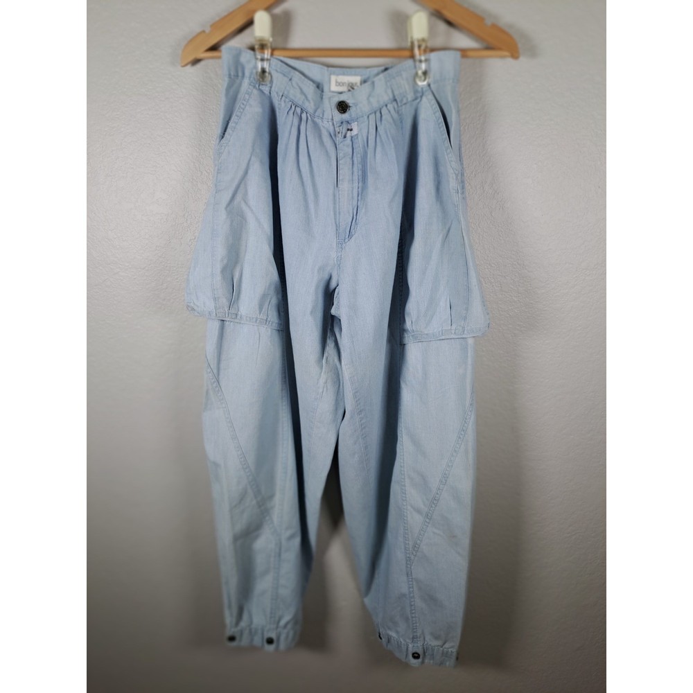 Vintage Bonjour Light Wash Denim Cargo Pants High Waisted Tapered Snap Cuff 8