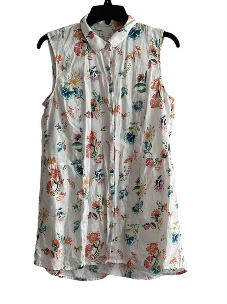 J Jill White Floral Linen Button Front Sleeveless Tunic Top Small