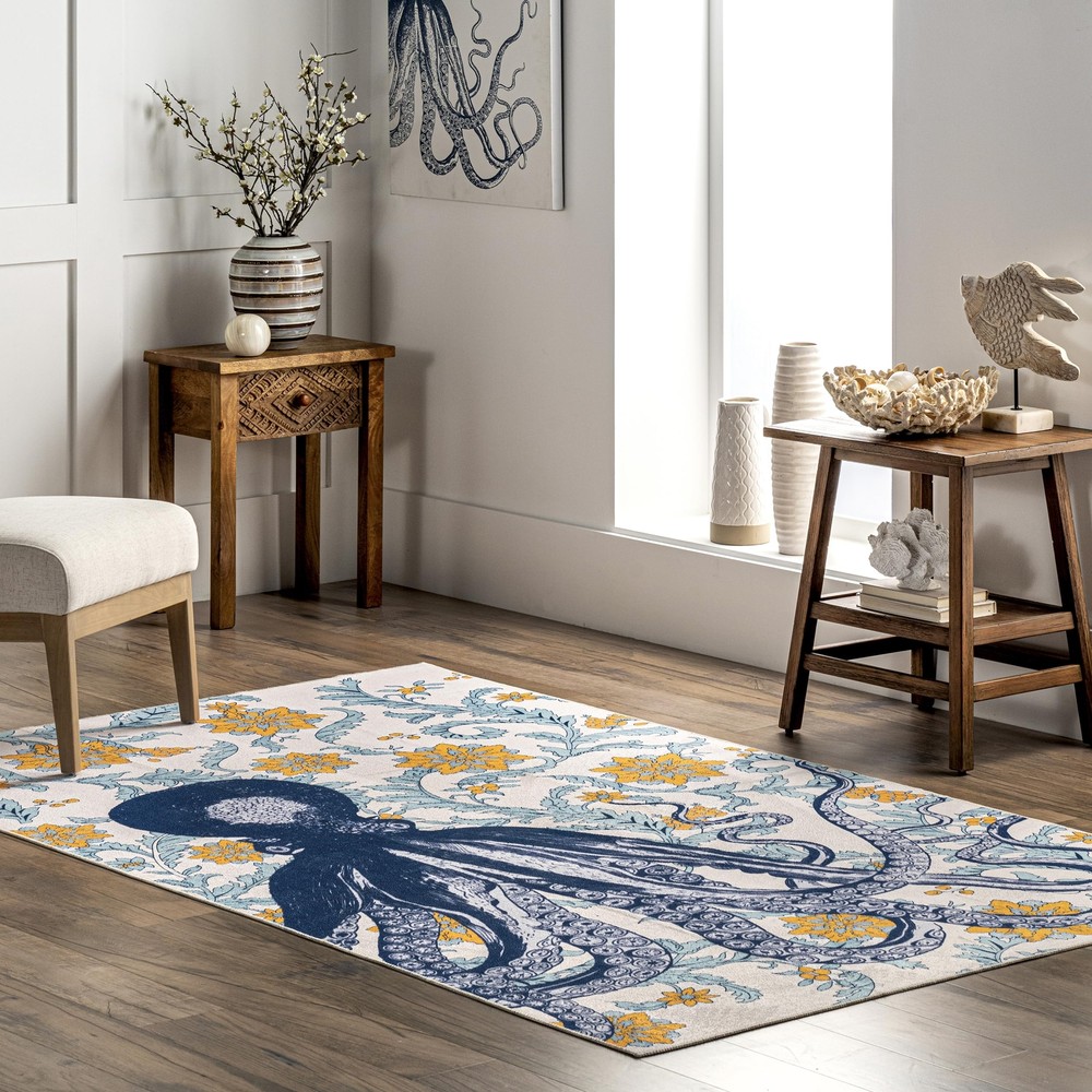 Patricia Ultra Thin Washable Blue Octopus Area Rug 4x6 Feet  