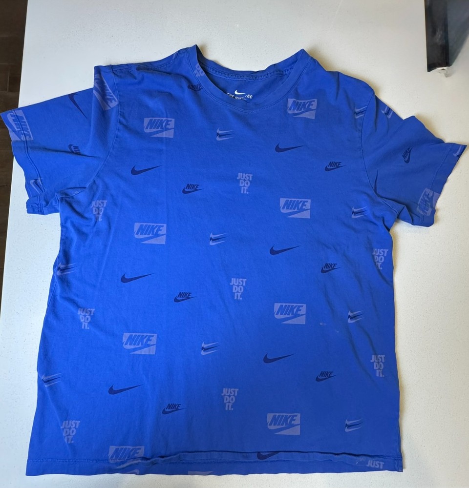 Nike Mens XL Graphic T Shirt Blue All Over Logo Just Do It Athleisure Tee