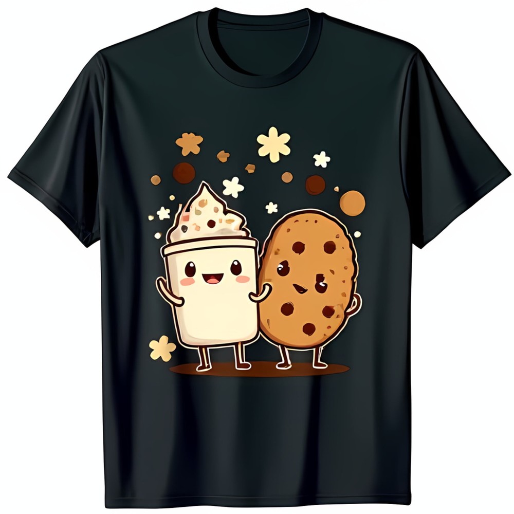 Adorable Black T-Shirt with Cartoon Milkshake & Cookie Graphic Fun & Cute Design