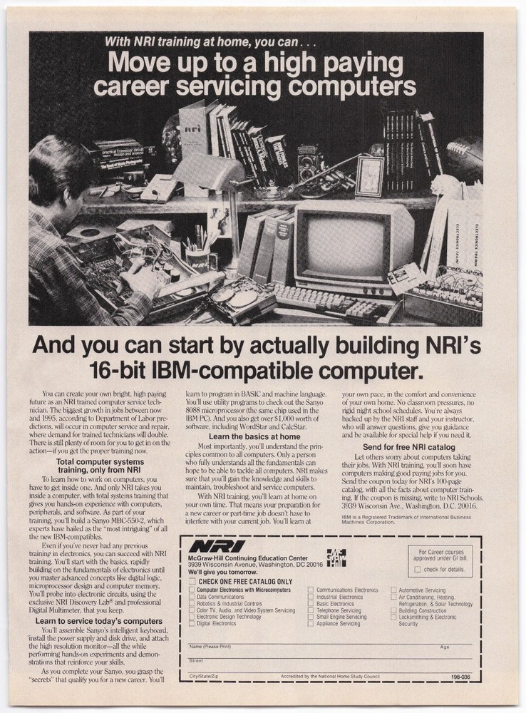 NRI Schools Computer Ad 1980s Sanyo IBM-Compatible PC 16-Bit Tech Magazine Ad