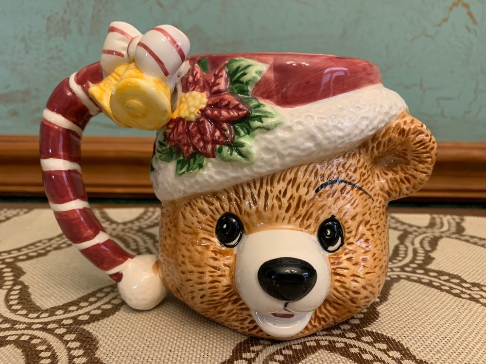 Vintage 1996 Large Christmas Holiday Decor Teddy Bear Face Ceramic Mug