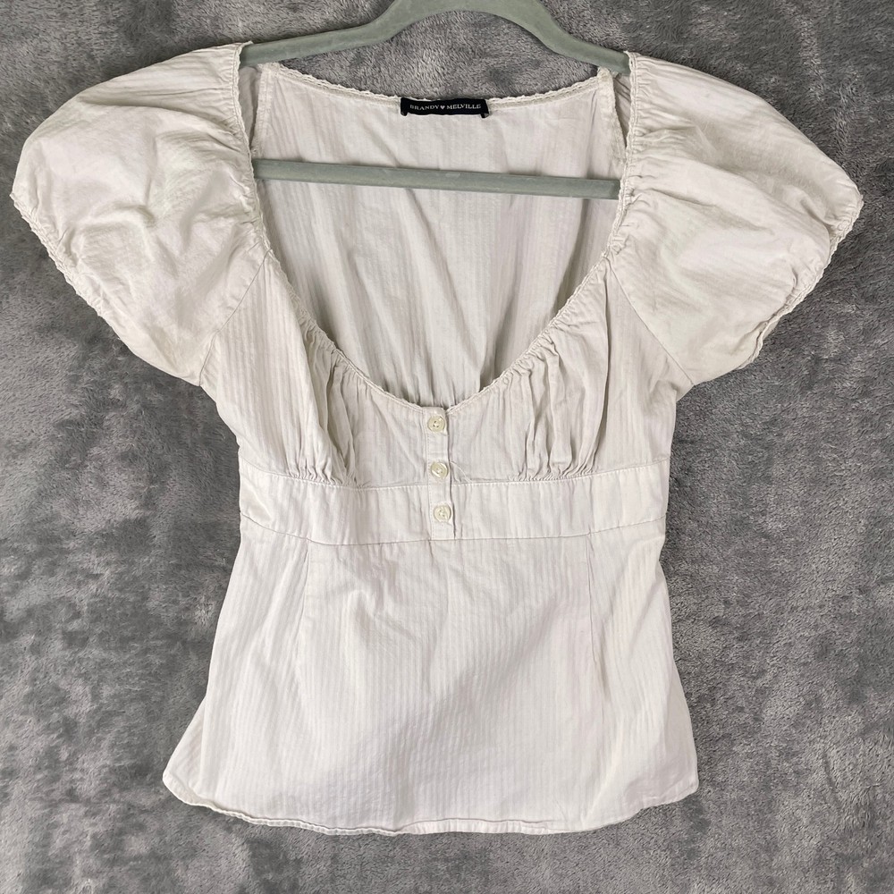 Brandy Melville White Dainty Scoopneck Puff sleeve Coquette milkmaid button Top