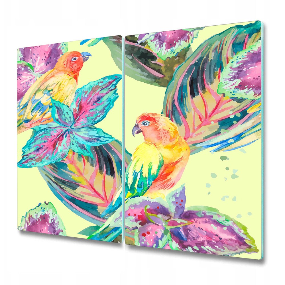 Glass Induction Cover Watercolour parrots exotic Colourful purple & yellow art