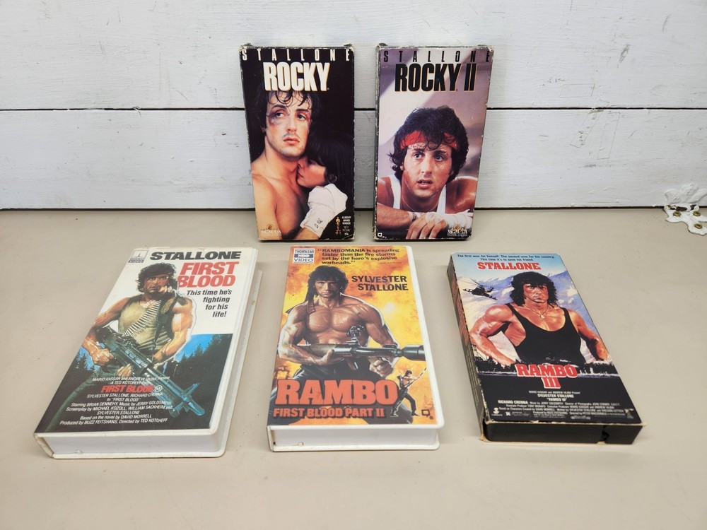 Lotof (5) Sylvester Stallone VHS Tapes First Blood, Rambo 1-3, Rocky 1-2 ~ Good