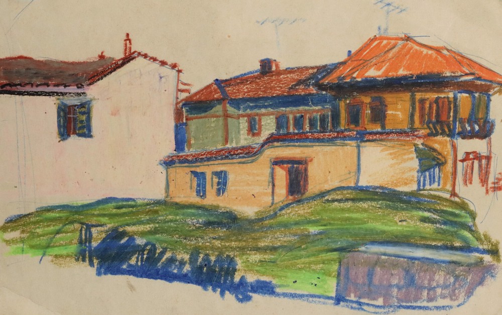 Pastel painting landscape houses