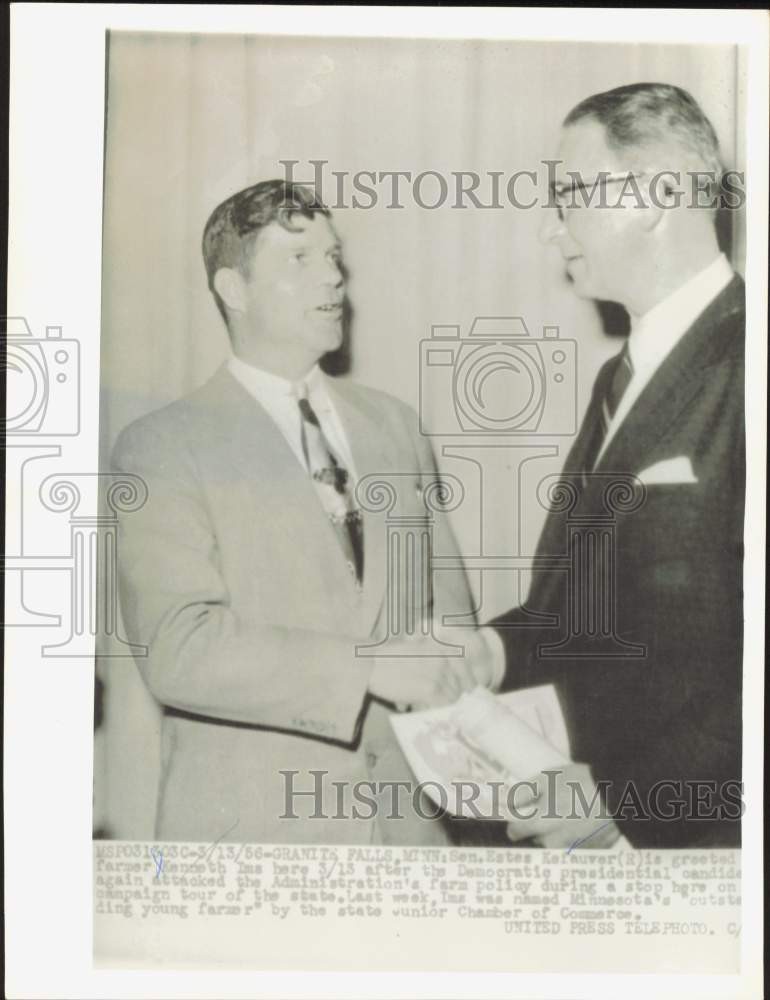 1956 Press Photo Farmer Kenneth Ims greeting Senator Estes Kefauver, MN