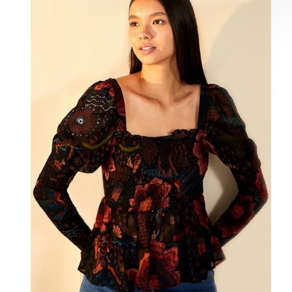 Farm Rio Medium Black River Creatures Blouse Tropical Puff Sleeve Peplum Resort