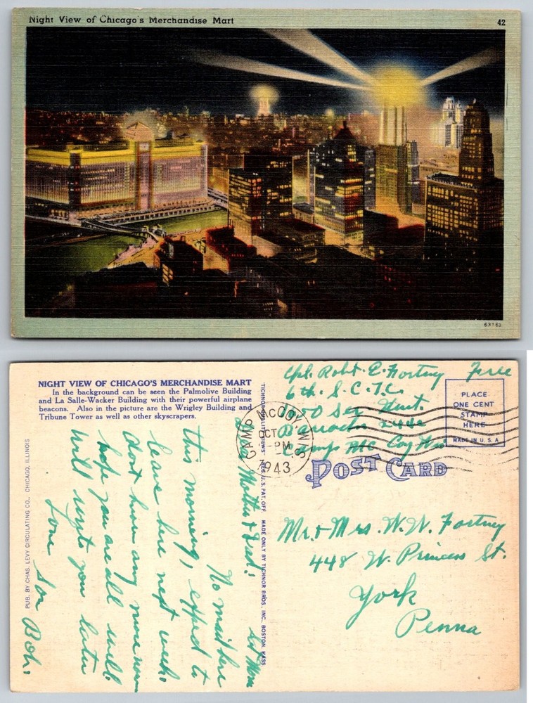 Chicago Merchandise Mart Night View 1943 Postcard Tichnor Linen Skyscrapers