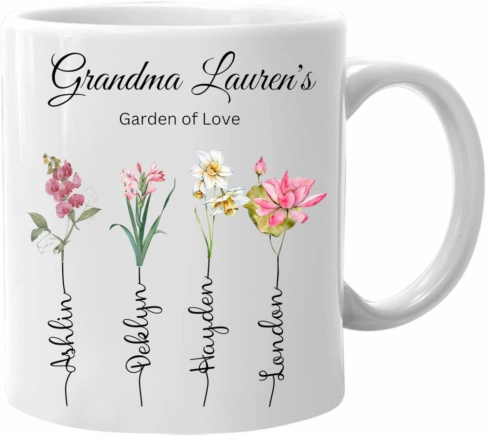 Personalized Grandmas Garden Of Love Flower Mug Custom Kid Names Coffee Cups Gif