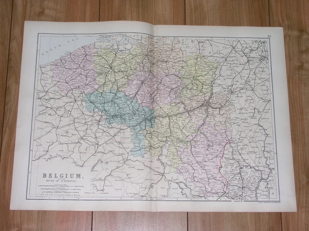 1891 Antique Map Of Belgium Brabant Flanders Hainaut Namur Liege Antwerp Limburg