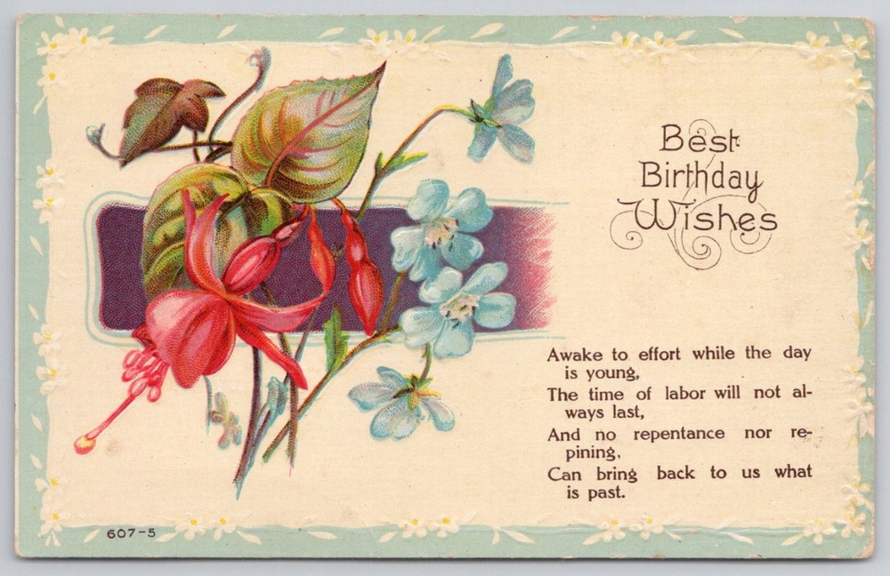 Vintage Embossed Birthday Wishes Postcard Fuchsia Flowers Poem 1910s