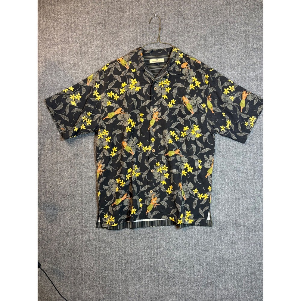 Tommy Bahama Mens Silk Hula Girl Floral Camp Shirt Black Medium Tropical Aloha