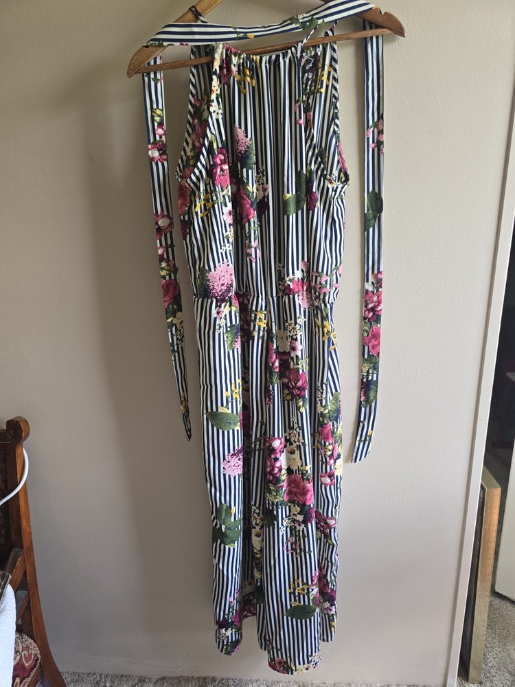 Women's My Michelle Blue Stripes  Floral Multicolor Belt Jumpsuit Cropped Size L