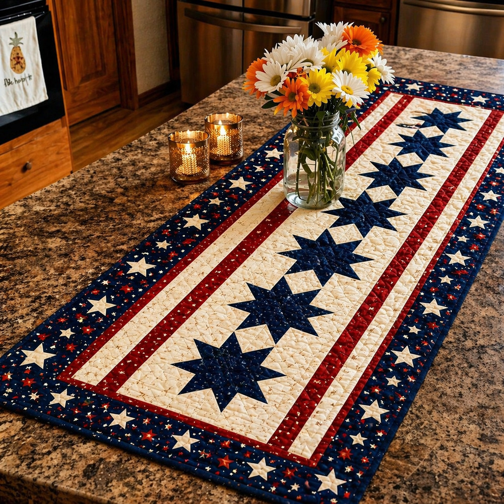 Patriotic Quilted Table Runner American USA 4th of July Farmhouse Kitchen Decor