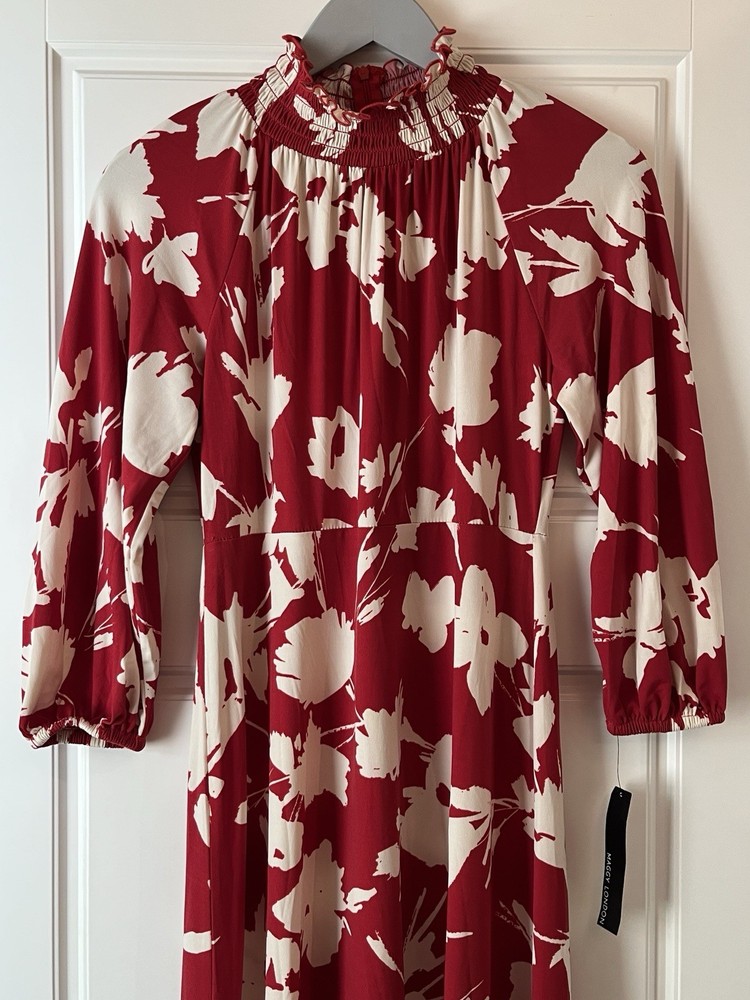 Maggy London Size 2 Ruffle Smocked Mock Neck Midi Dress NWT