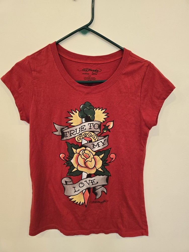 Ed Hardy Women's T-Shirt Short Sleeve Size L Y2K Aesthetic Grunge Indie Sleaze