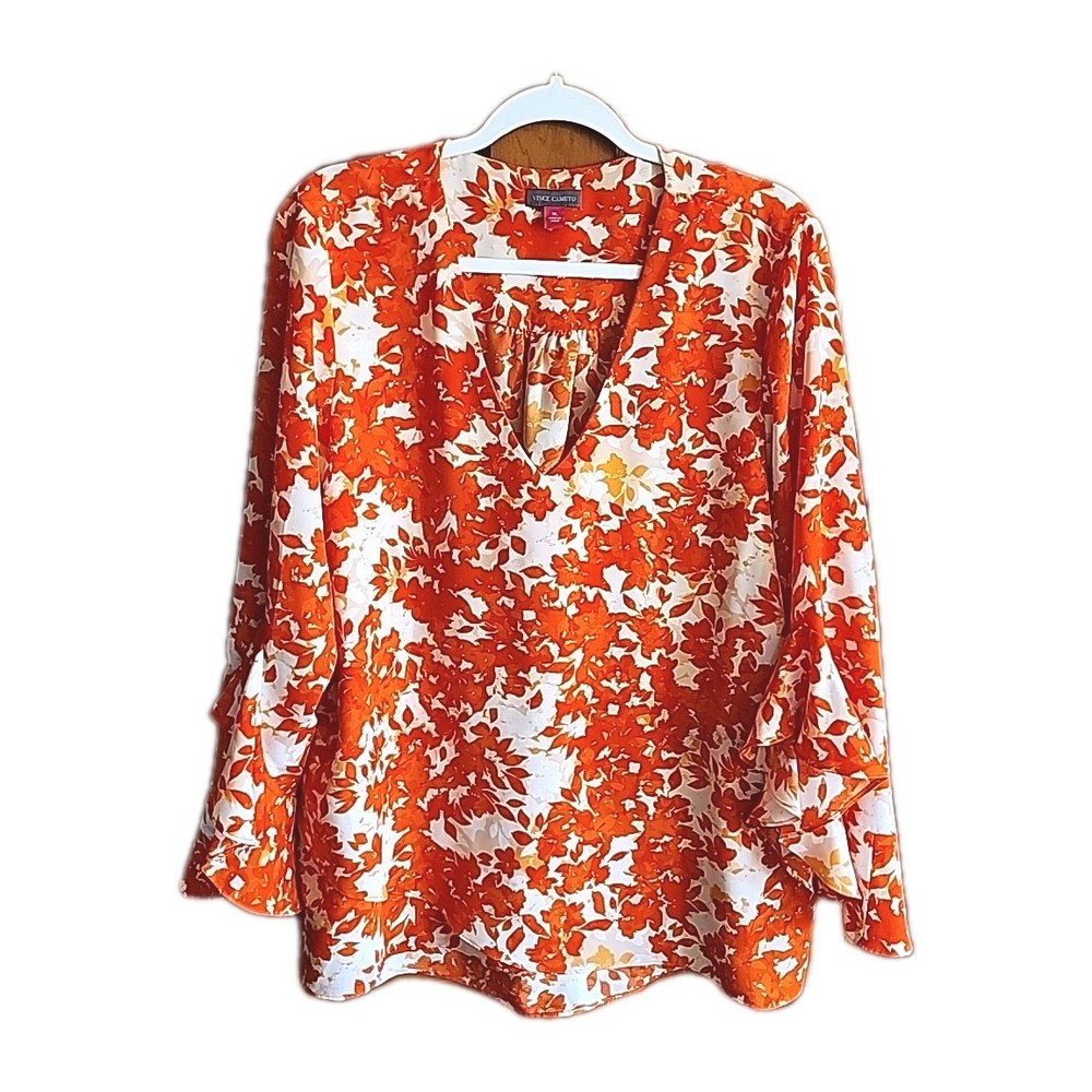 Vince Camuto Women's Floral V-Neck Blouse Orange Bell Sleeve Size XL