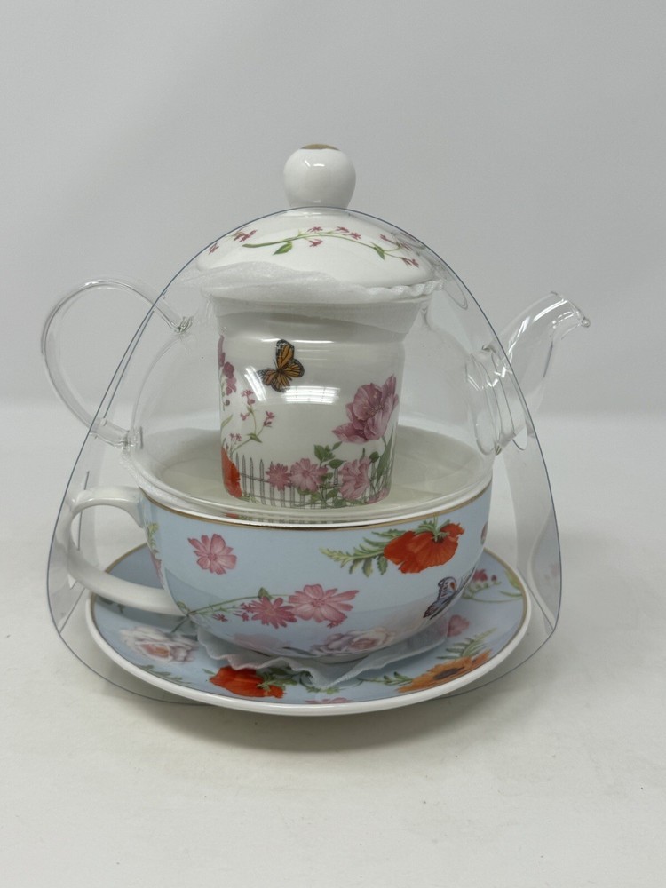 GRACE TEAWARE Floral Teapot W/infuser Teacup Saucer Set  Single Serving Tea Time