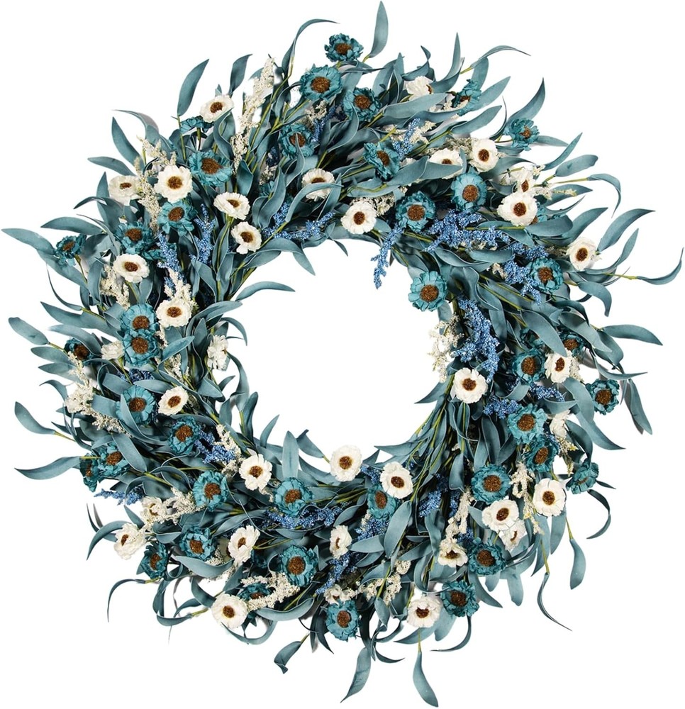 24 Inch Blue Daisy Flower Wreaths for Front Door - Spring Summer Wreath with