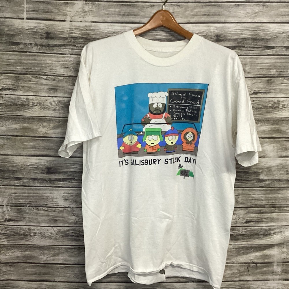 Vintage South Park Shirt Mens XL White Graphic Tee Salisbury Steak 90s Thrashed