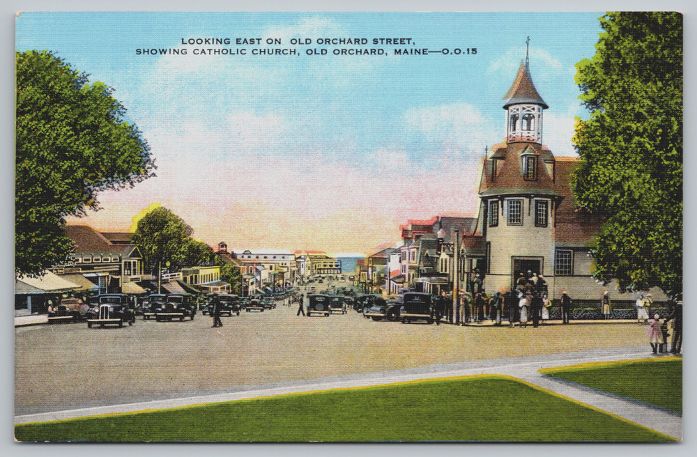 Postcard, Old Orchard Street, Catholic Church, Old Orchard, Maine, Cars, People