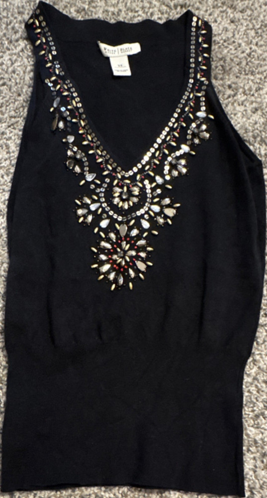 White House Black Market Beaded Sleeveless Knit Tank Top XS Black V-Neck