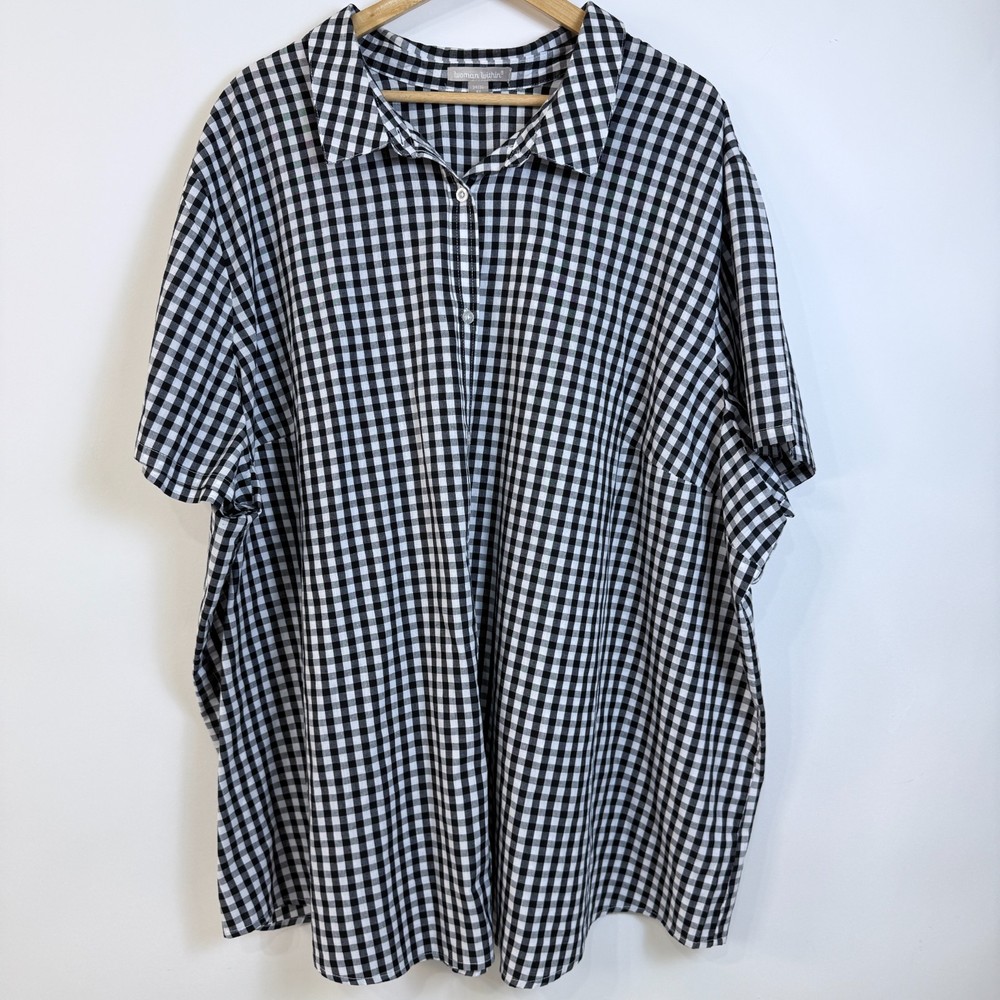 Woman Within Gingham Plaid Button Up Short Sleeve Shirt Size 4X Black White