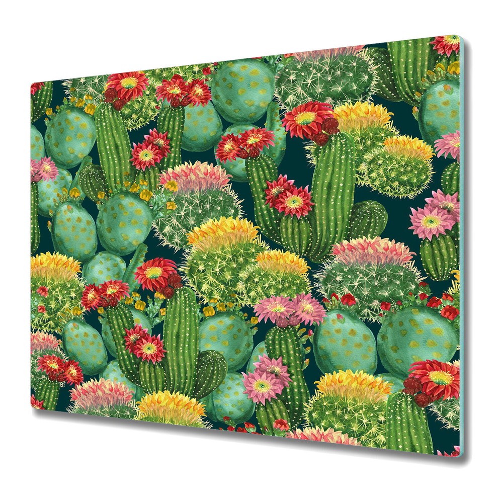 Glass Induction Ceramic Hob Cover Colourful Cacti Watercolour Flowers 60x52