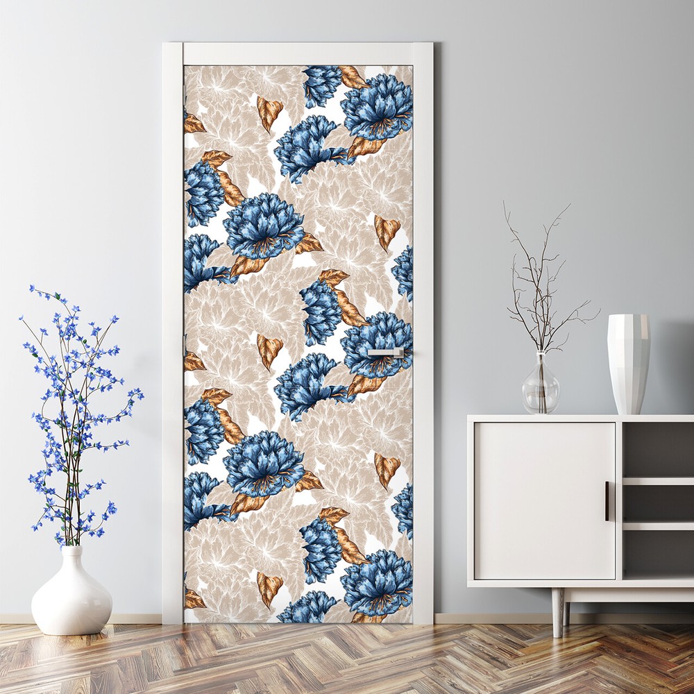 Graphic flower Bubble Free Door sticker blue and golden Decal Decor large