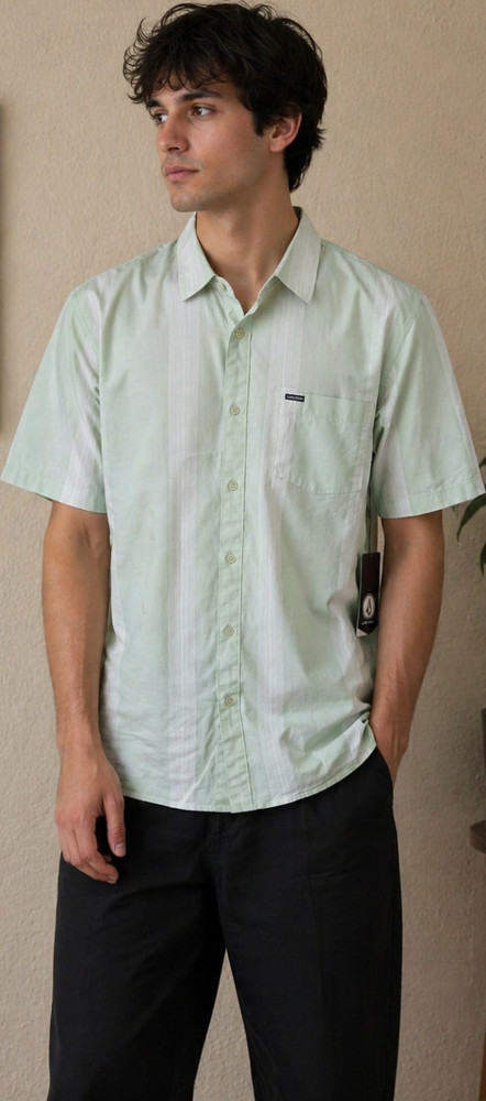 Volcom Men's Green/White Striped Cotton Short Sleeve Button-Up Shirt 2XL