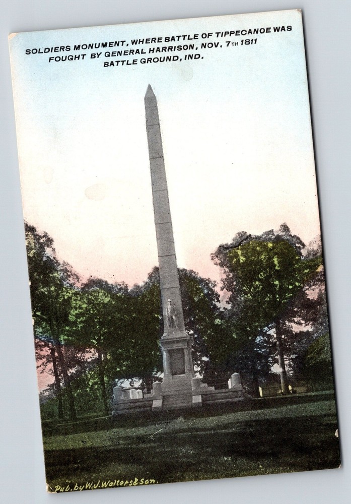 Battle Ground Indiana~Tippecanoe~Soldiers Monument Obelisk~Statue~c1910 Postcard