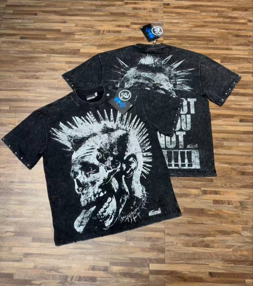 HELLSTAR Black White Cotton Graphic Skull T-Shirt Men's Short Sleeve Crew Neck