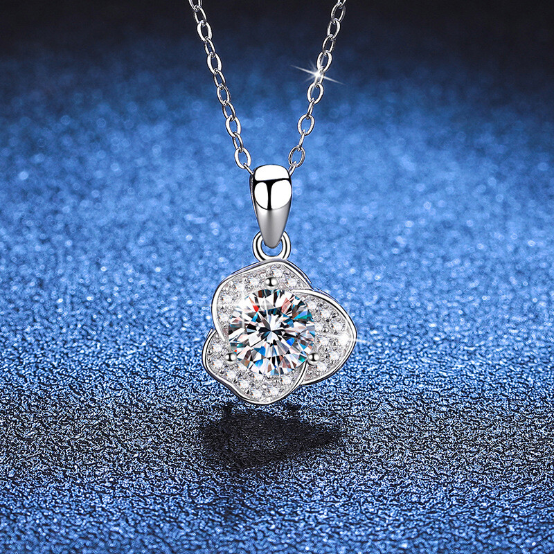 1CT D Color Moissanite Camellia Pendant in S925 Sterling Silver