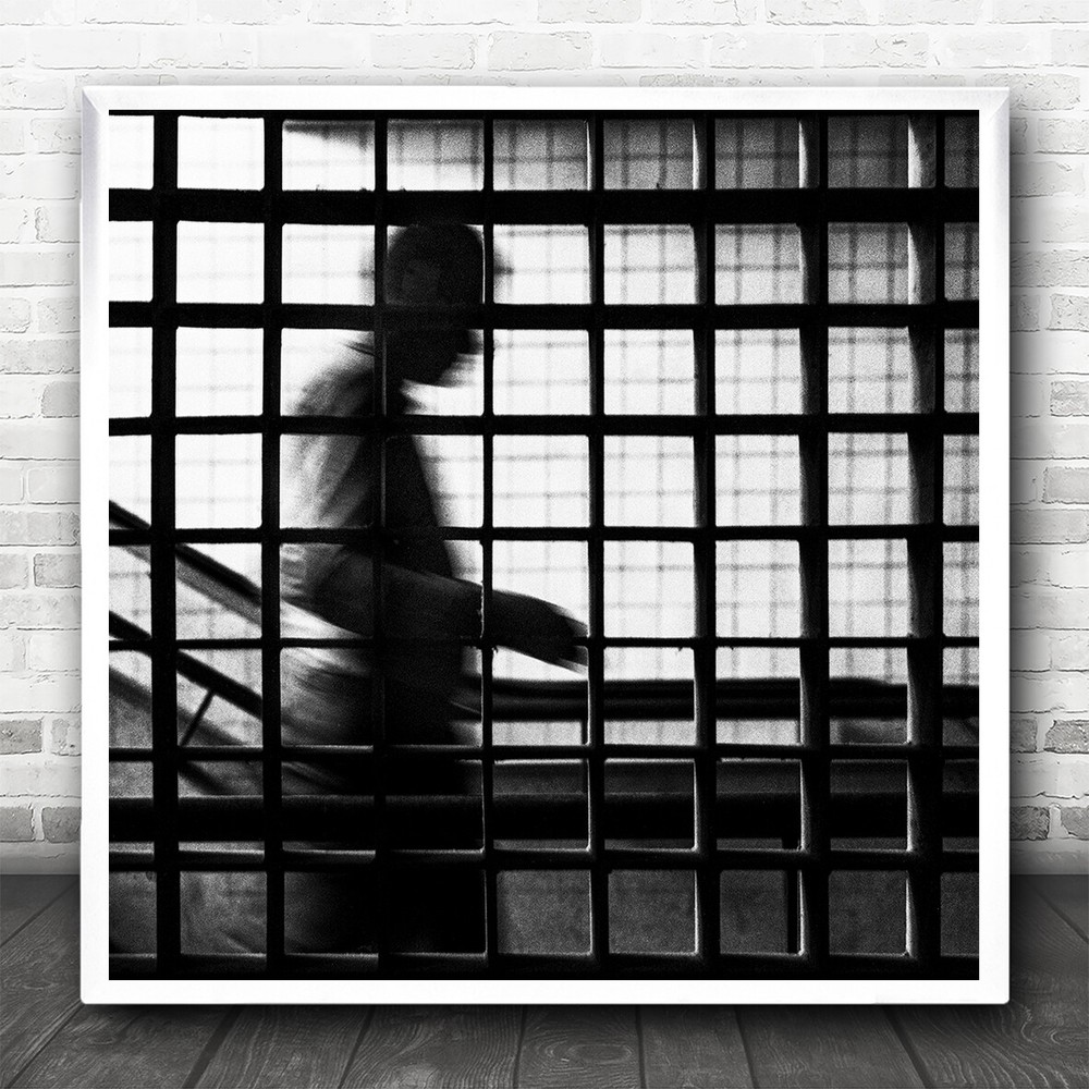 Street Cage B&W Grid Mesh Shapes Geometry Motion Blur Square Wall Art Print