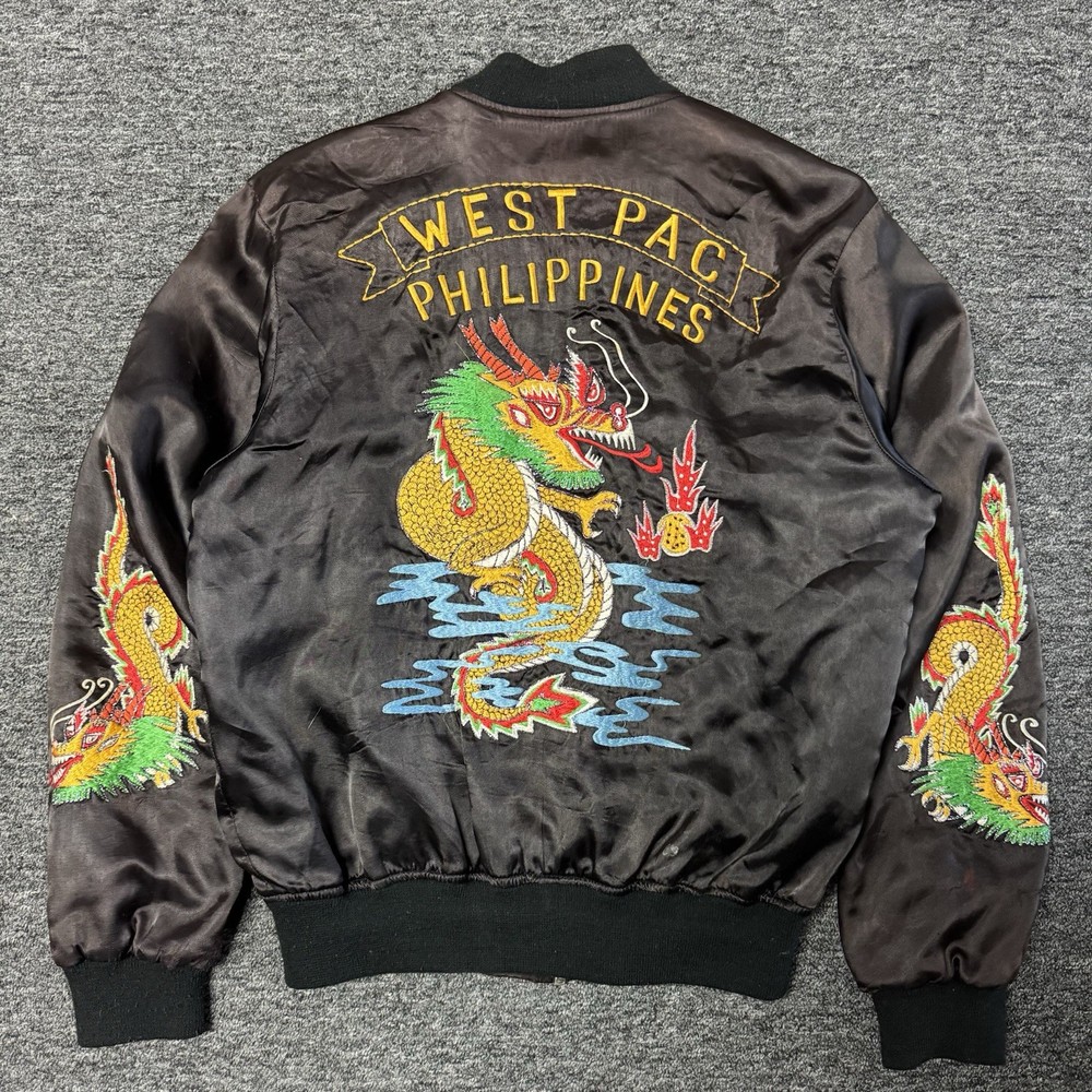 Vintage 80s RARE West Pac Philippines Dragon Satin Bomber Jacket - Size L