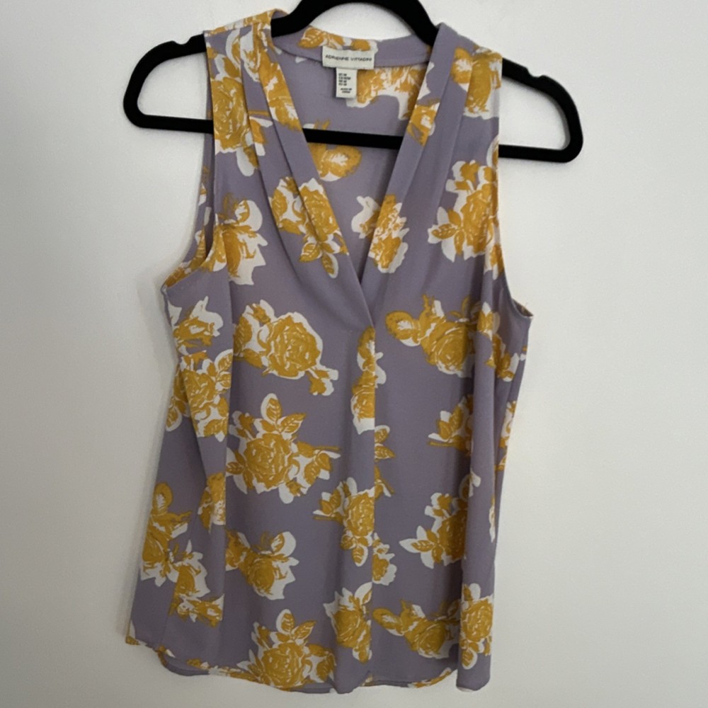 Adrienne Vittadini Women's Floral Sleeveless V-Neck Blouse Purple Yellow Size M