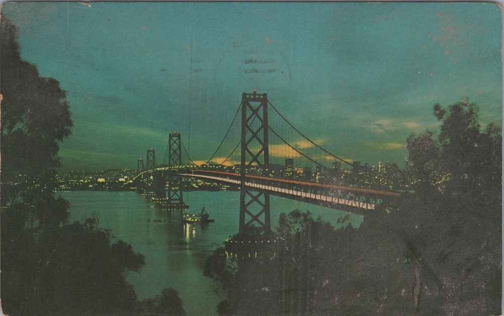 Vintage San Francisco Bay Bridge Night View Postcard from 1974