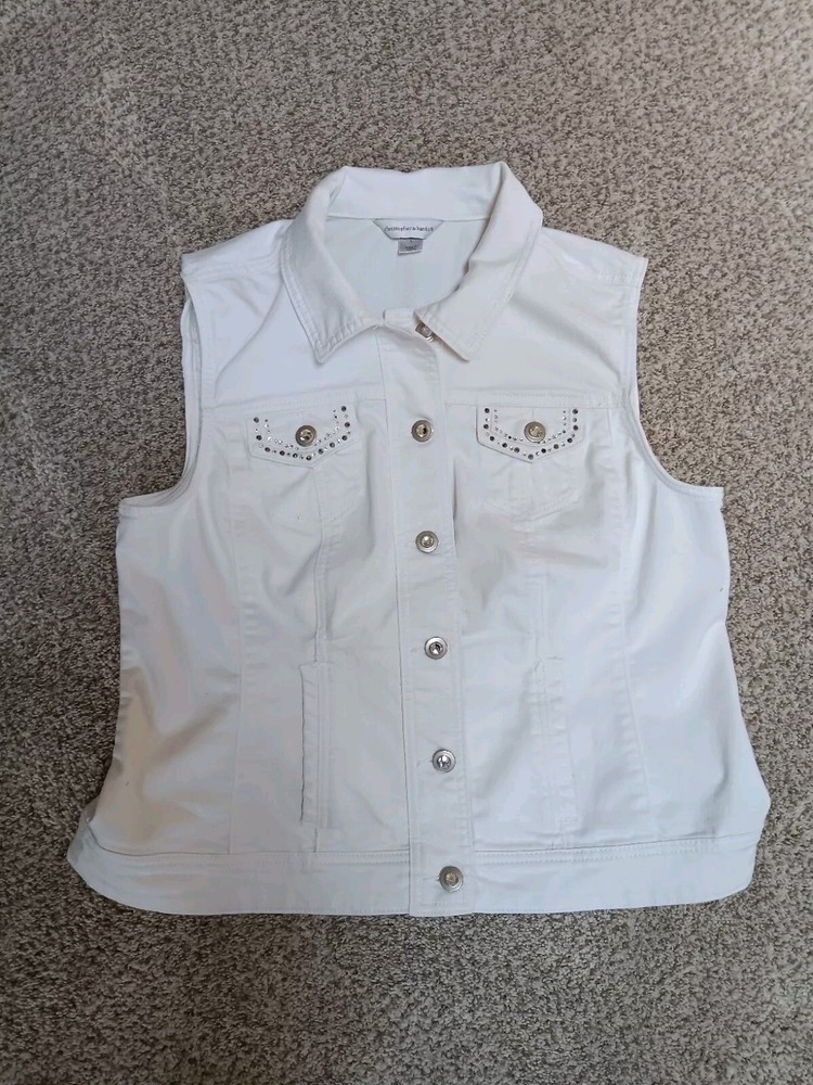 womens christopher and banks large White Denim Vest Bling Pockets