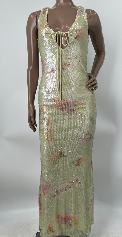 Bardot Womens Midi Dress Light Green Size 6 Floral Fitted Sequin Scoop Neck