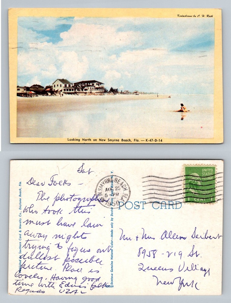 New Smyrna Beach, FL-Florida, Looking North Shore Scene Vintage c1950 Postcard