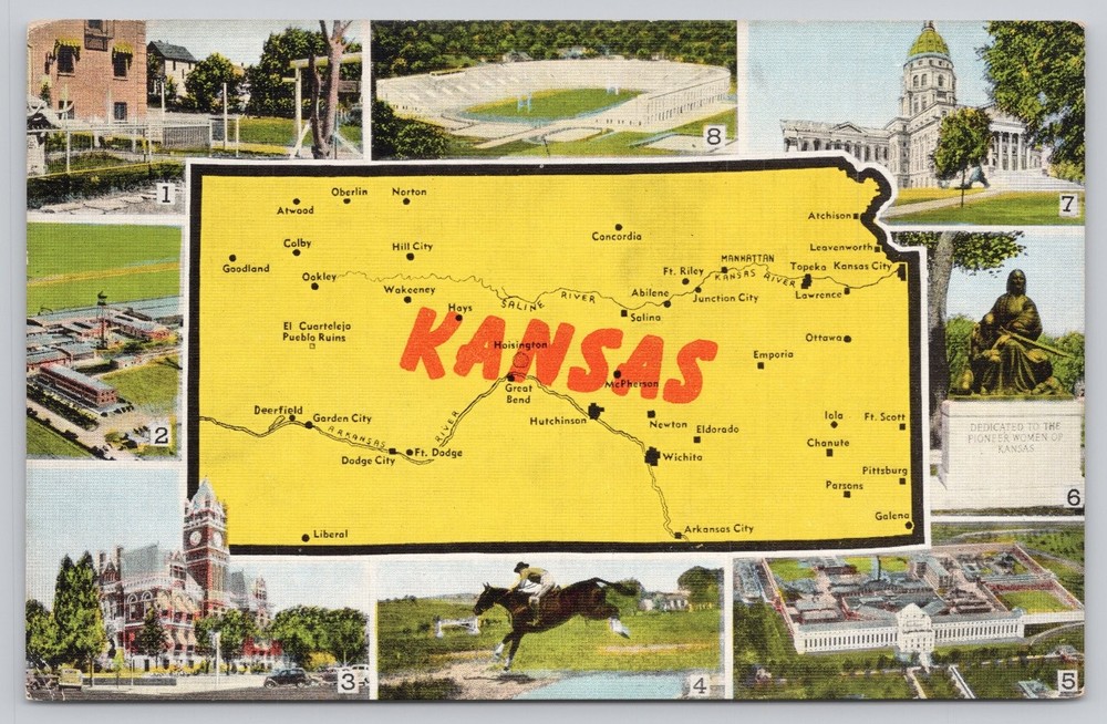 Vintage KANSAS Map Postcard E. C. Kropp Co. Boot Hill Capitol Stadium Linen