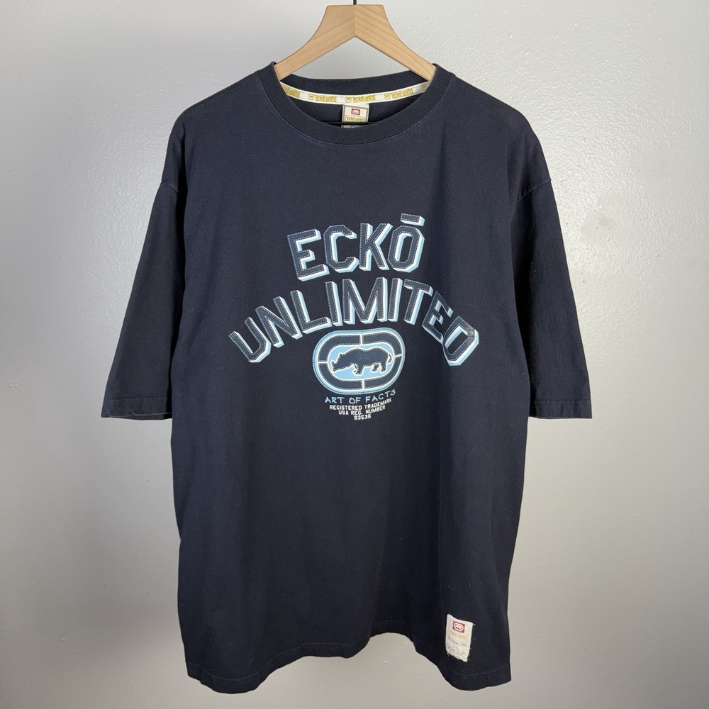 Vintage Ecko Unlimited Unltd AOP Big Logo Navy Blue Y2K Grunge T Shirt Size 2XL