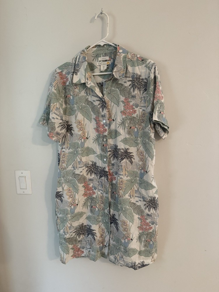 C&C California shirt dress Women M 100% Linen Tropical Cruise Beach Vacation