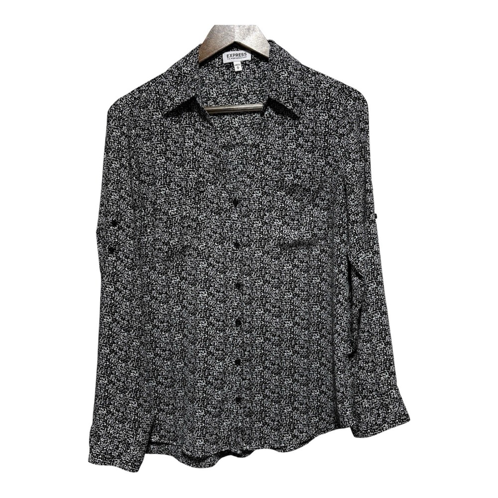 Express Blouse Womens M Black White Print Portofino Roll Tab Sleeve Button Front