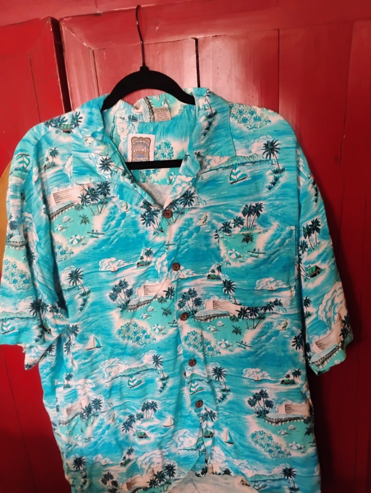 Vintage Ocean Current Men's XL Blue Green Hawaiian Button-Up Shirt Free Shipping