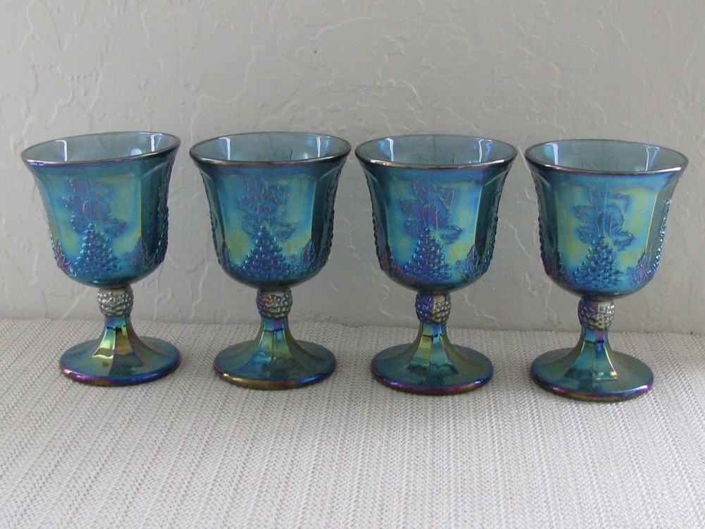 Four Indiana Blue Carnival Glass Harvest Grape 6oz Wine Goblets